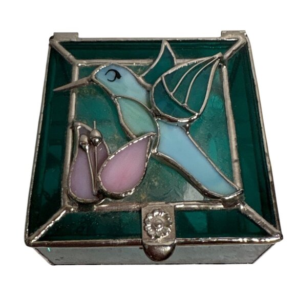 Stained Glass Trinket Box Hummingbird & Flower Hinged Green Blue Pink 3" Mirror - Picture 1 of 12